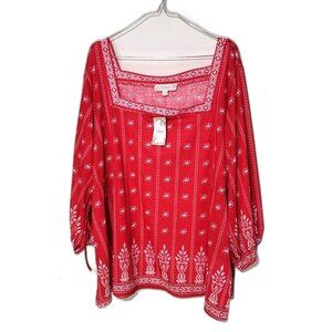 Suzanne Betro Weekend Womens sz 2X red white sheer square neck long sleeve NWT